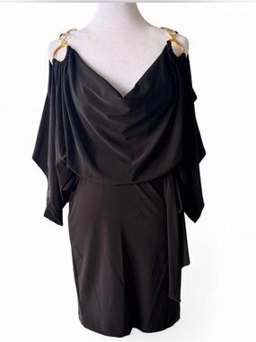 Cache Y2K Black Cold Shoulder Draped Cocktail Dress with Gold Ring Details